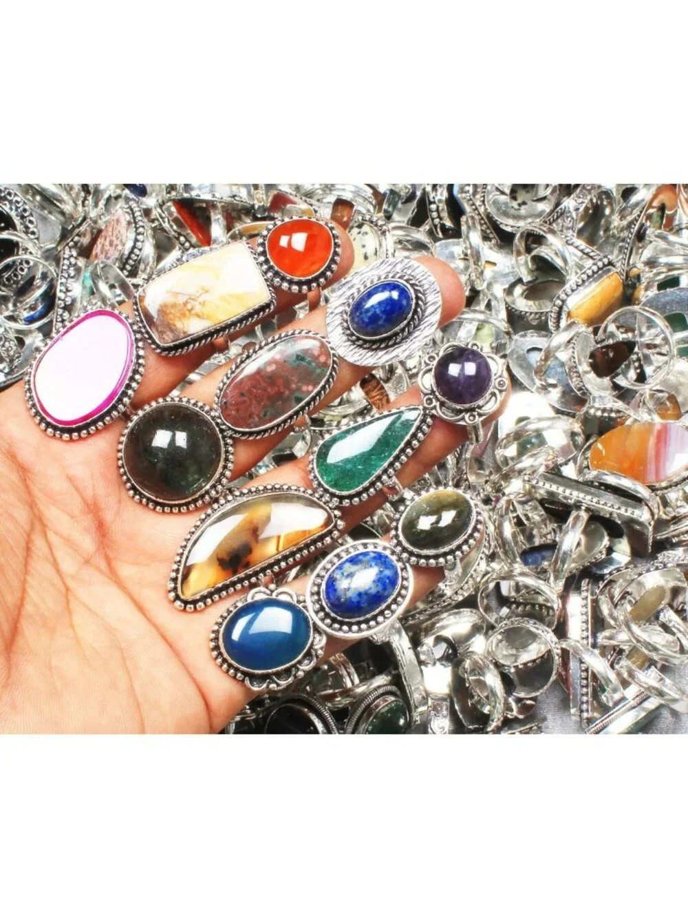 Chunky Silver Stackable Rings Set for Women - 10 Pcs Vintage Gemstone Knuckle
